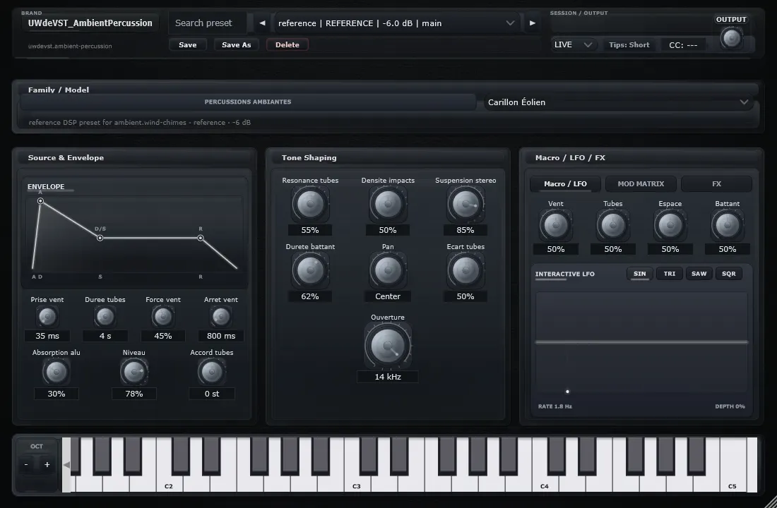 Interface de Carillon éolien dans UWdeVST_AmbientPercussion