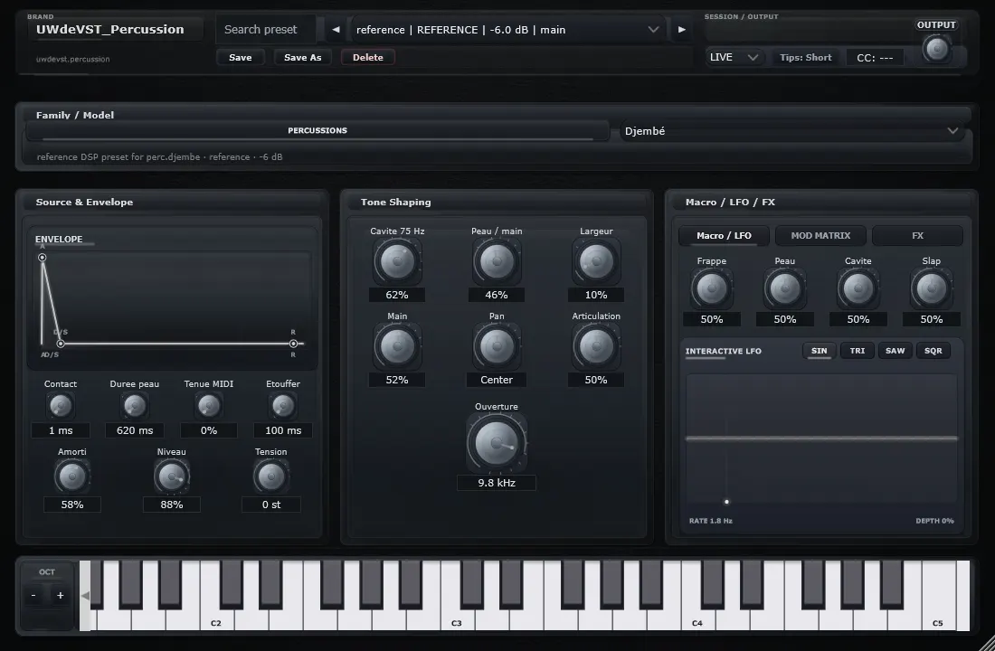 Interface de Djembé dans UWdeVST_Percussion