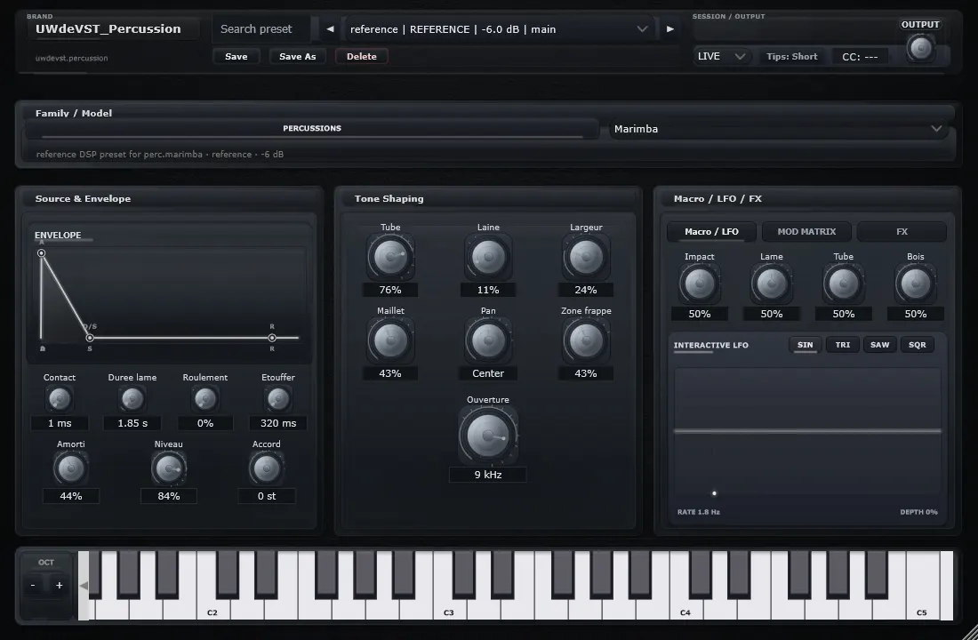 Interface de Marimba dans UWdeVST_Percussion