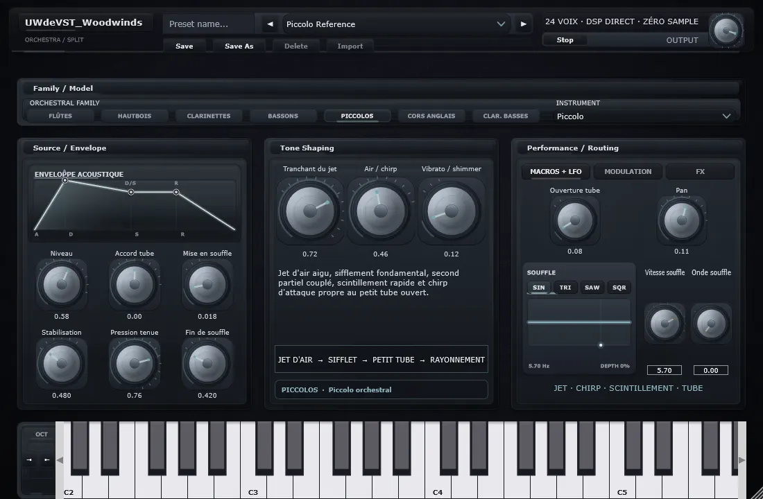 Interface de Piccolo dans UWdeVST_Woodwinds